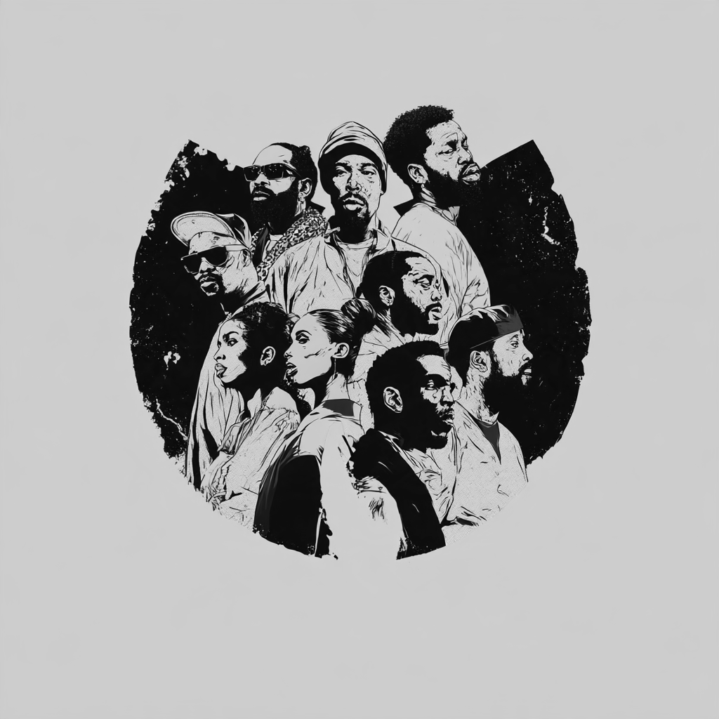 A black-and-white group illustration of artists who shaped hip-hop culture
