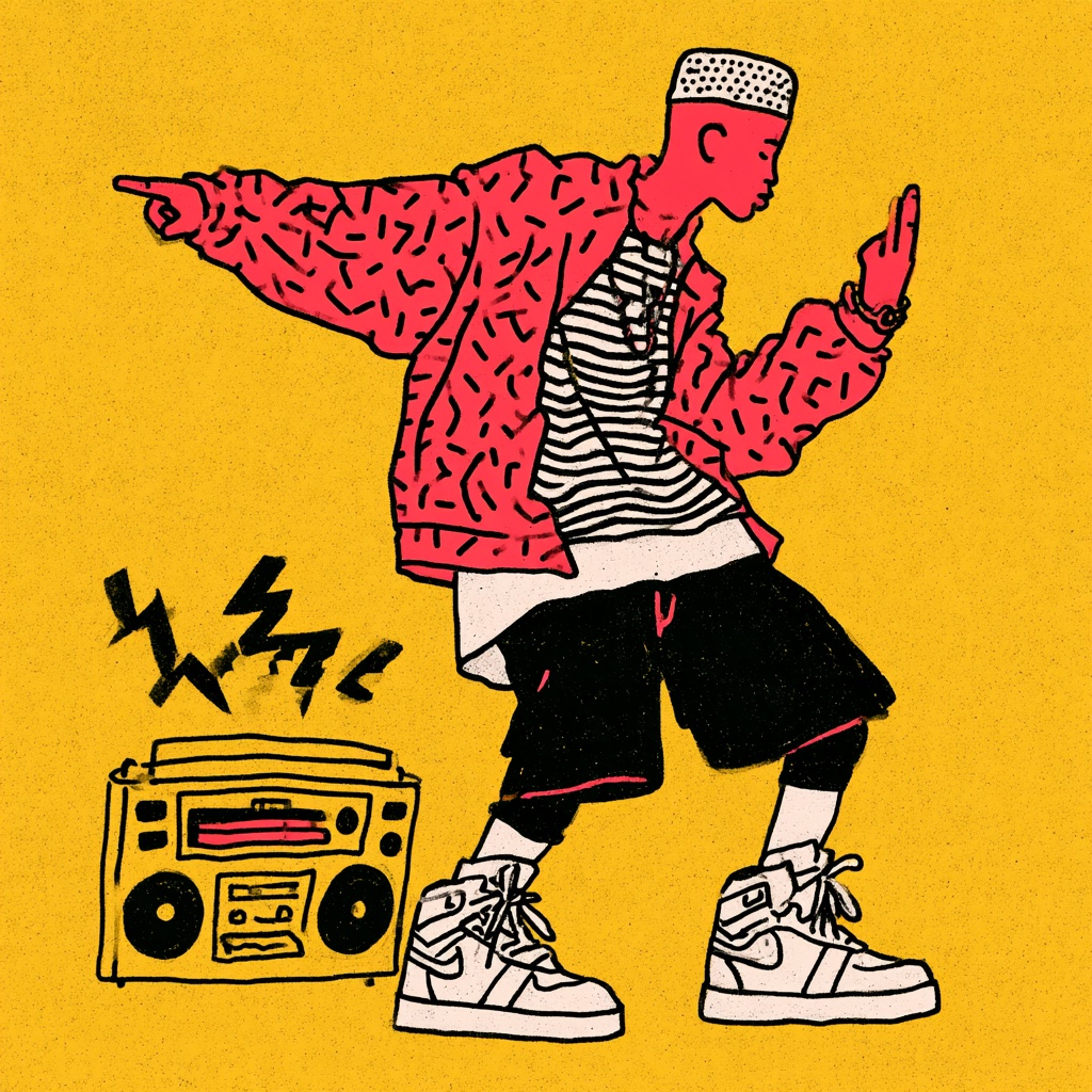 An illustration of a street dancer against a yellow background