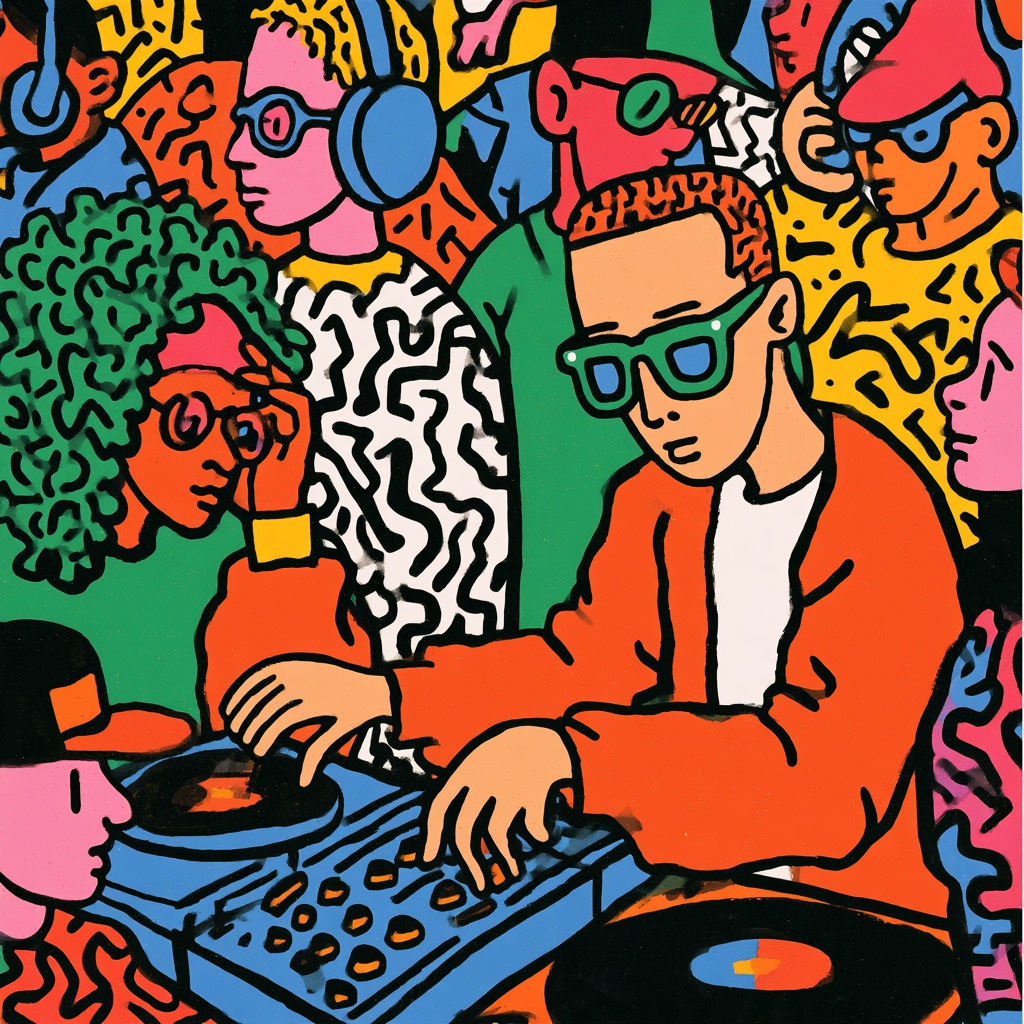 An illustration of a DJ working the turntables and people in a club