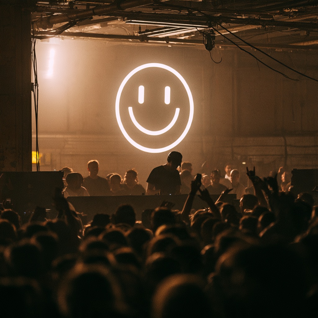 A crowd on a UK rave-inspired dancefloor beneath a projected smiley face